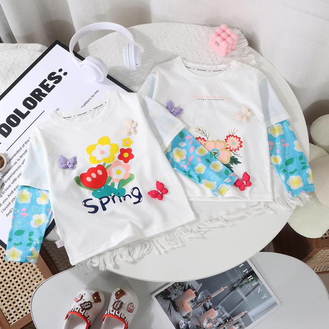 2025夏季新款拼接防晒袖假两件T恤儿童洋气百搭款