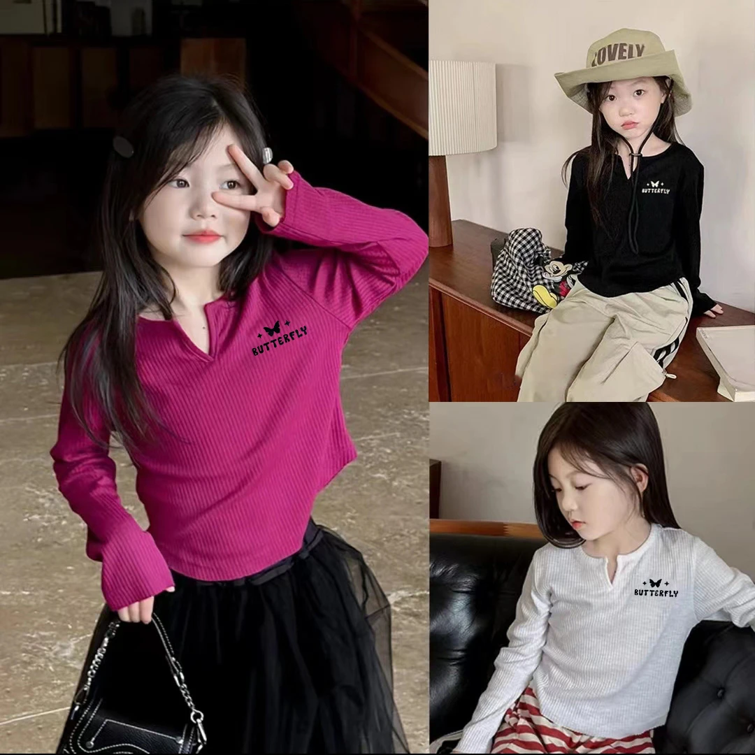 2025T 新款小V领儿童打底衫韩版内搭女宝宝早秋长袖上衣