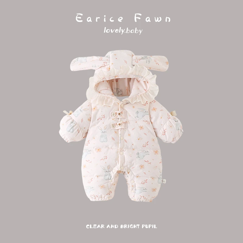 YM冬季婴儿连体衣满月百天哈衣秋冬装加棉加厚棉衣可爱洋气爬爬服