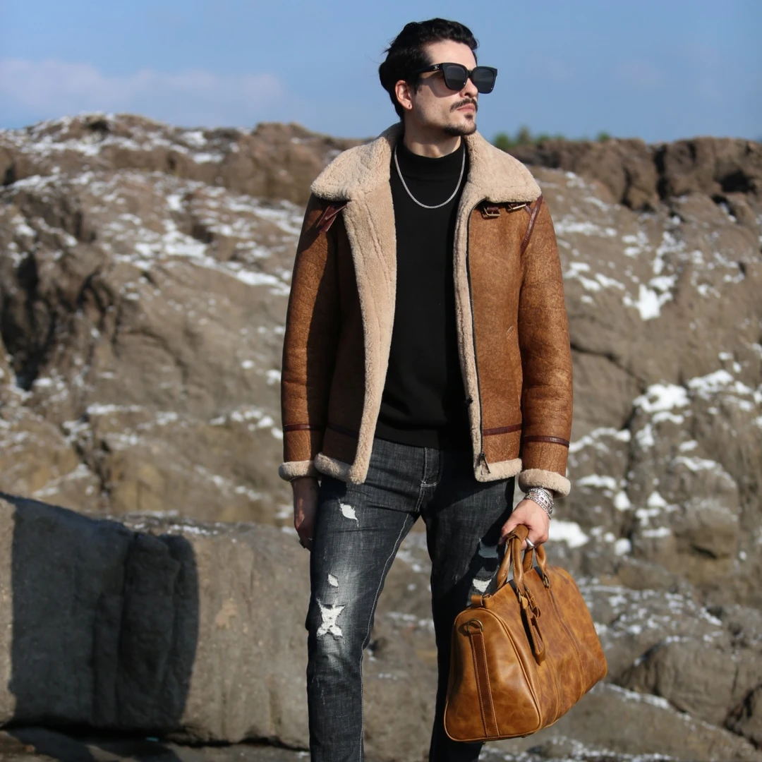 空军B3原生态绵羊皮毛一体男真皮真毛原皮原毛机车夹克厚男装外套