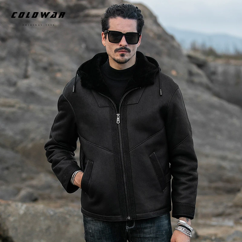 原生态绵羊皮皮毛真皮一体男士真皮原皮原毛连帽冬季厚外套