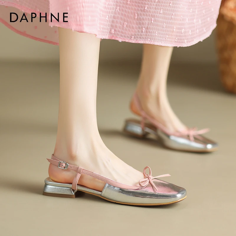达芙妮方头浅口后空包头玛丽珍凉鞋女蝴蝶结单鞋甜美减龄银色单鞋