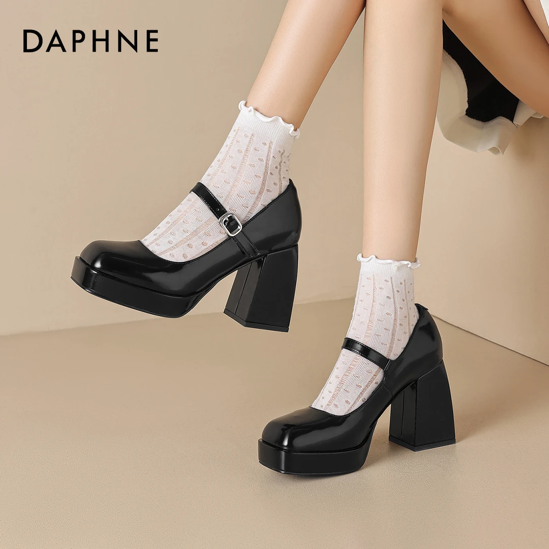 达芙妮法式一字扣带高跟鞋女粗跟伴娘鞋方头防水台厚底玛丽珍鞋子