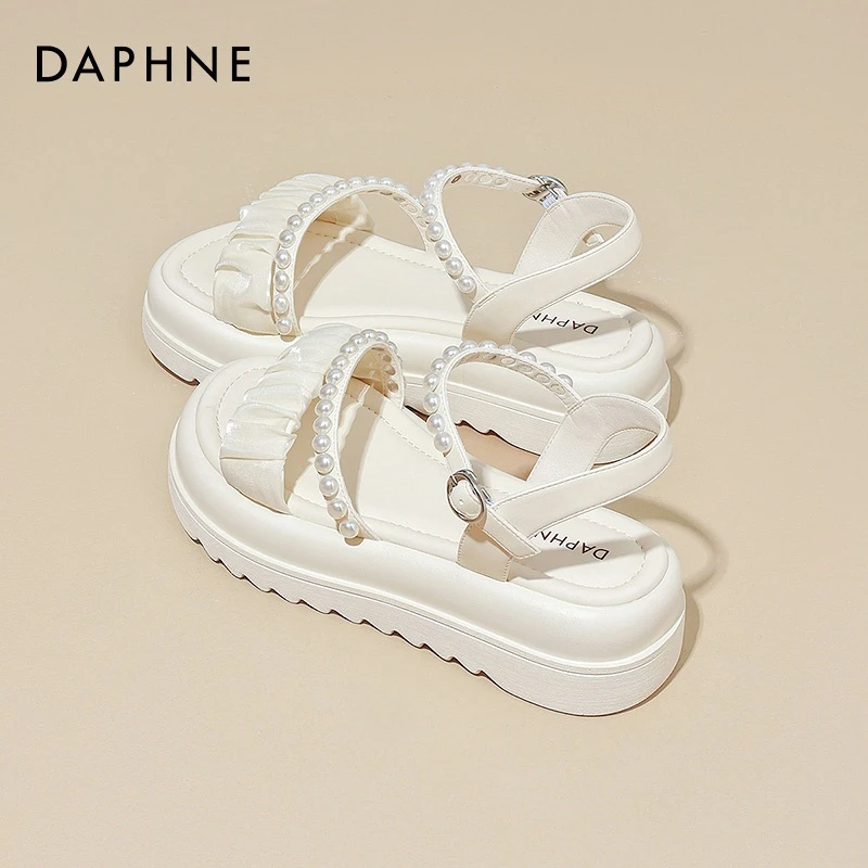 达芙妮凉鞋女仙女厚底2025新款夏季外穿凉拖珍珠百搭配裙子沙滩鞋