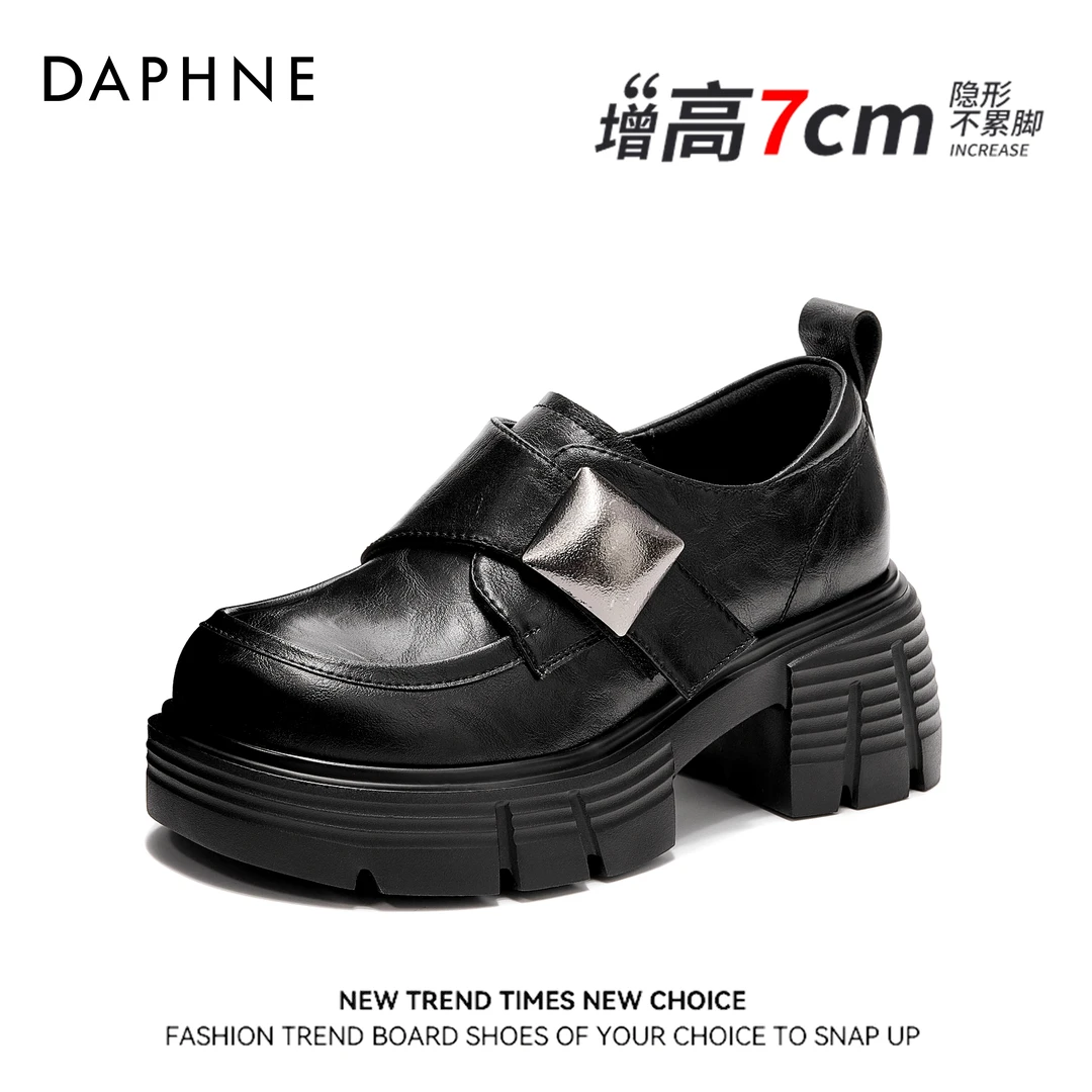 达芙妮时尚休闲女鞋夏季小皮鞋厚底增高真皮魔术贴英伦圆头乐福鞋