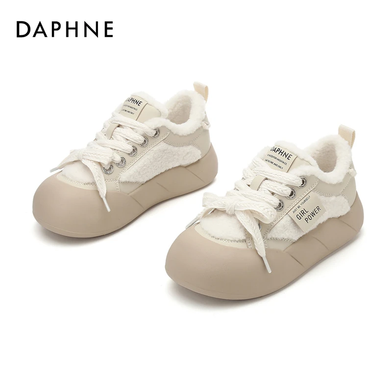 达芙妮冬季毛毛鞋女爆款2025新款加绒保暖棉鞋松糕厚底运动小白鞋