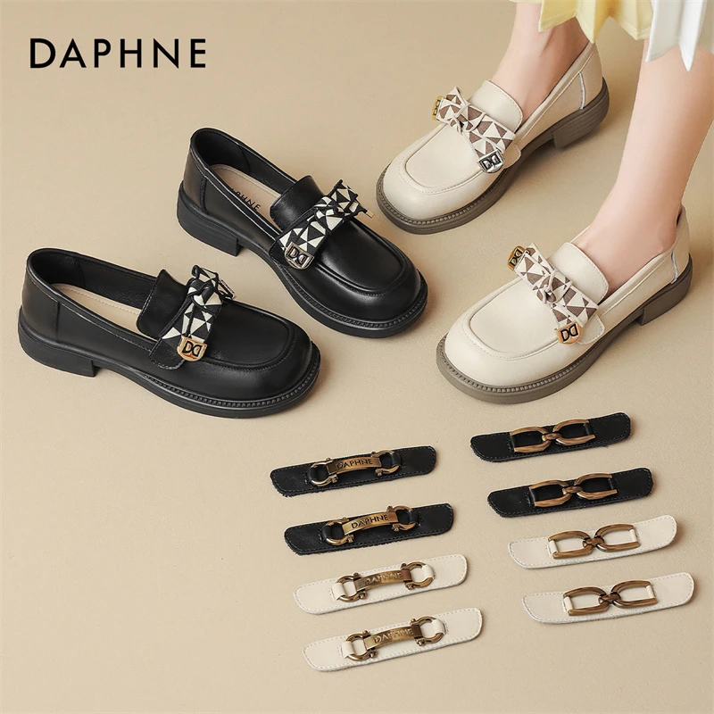 达芙妮魔术贴乐福鞋2025新款夏季黑色休闲百搭小皮鞋气质圆头单鞋