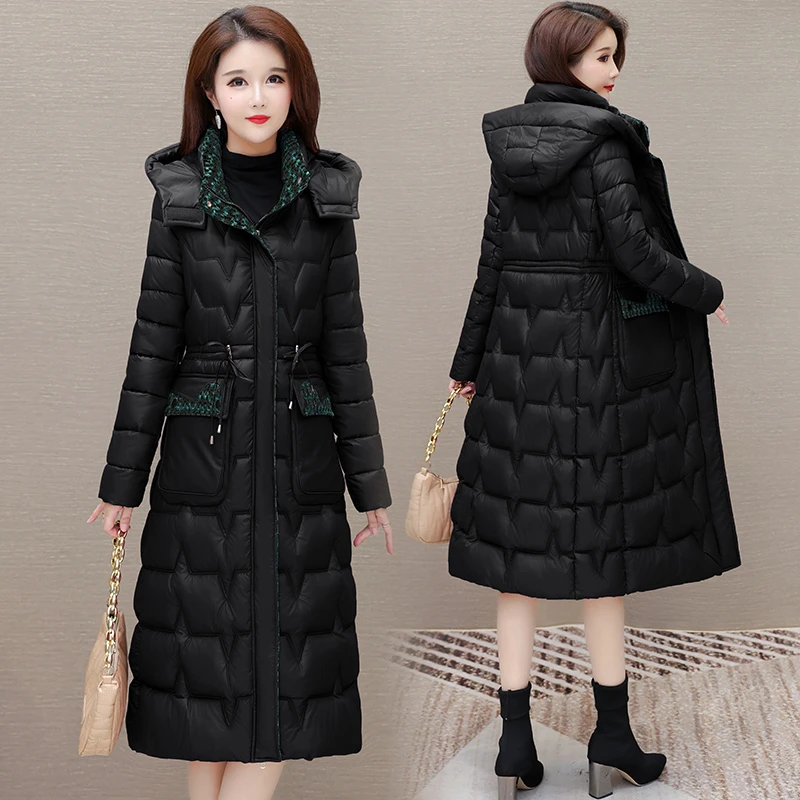 高端洋气优雅纯色连帽棉服女2024冬季修身显瘦中长款棉衣外套过膝