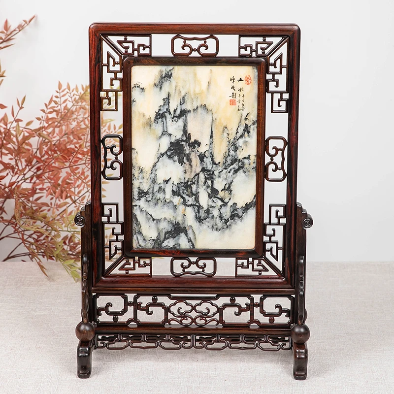 红木嵌天然大理石台屏屏风大红酸枝插屏中式实木中堂家居古典摆件
