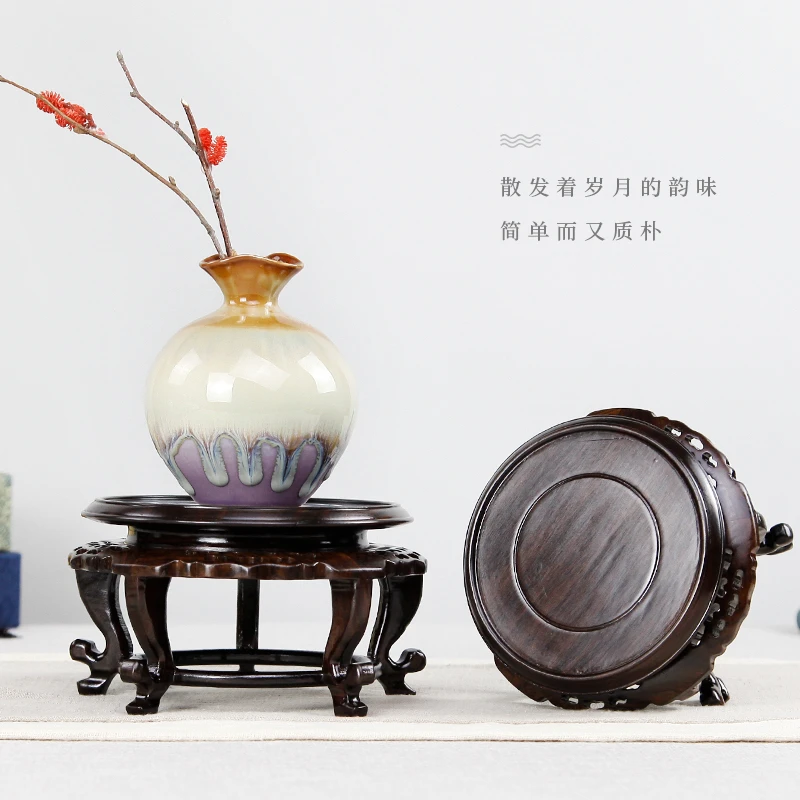 红木雕刻工艺品摆件底座实木圆形花盆花瓶玉石黑檀木托架小花几