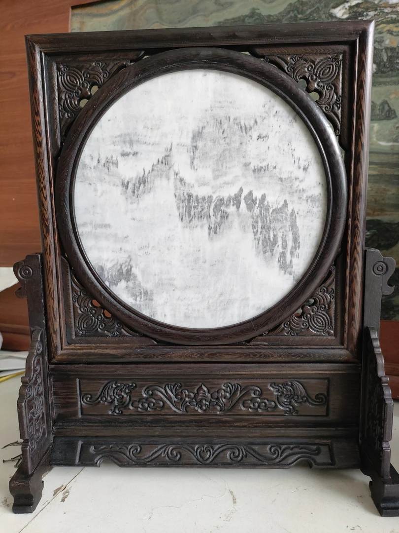 大理石水墨花鸡翅木框架小插屏