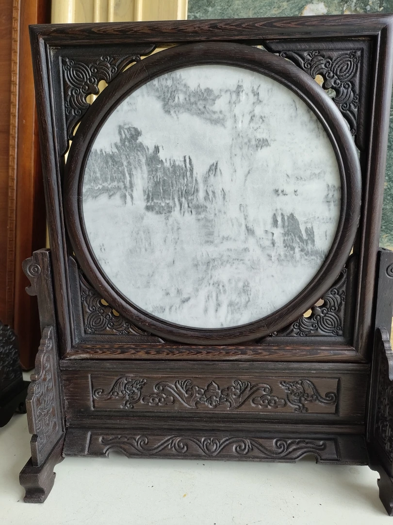 大理石水墨画鸡翅木框架小插屏