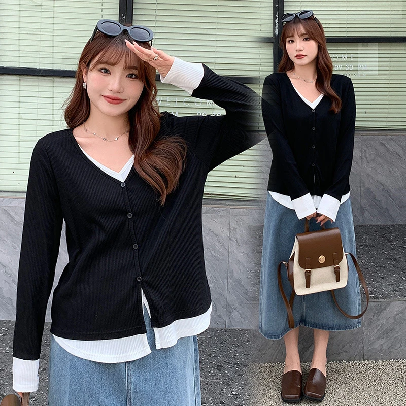 独特上衣超好看大码女假两件黑白T恤200斤胖妹妹显瘦针织衫3311