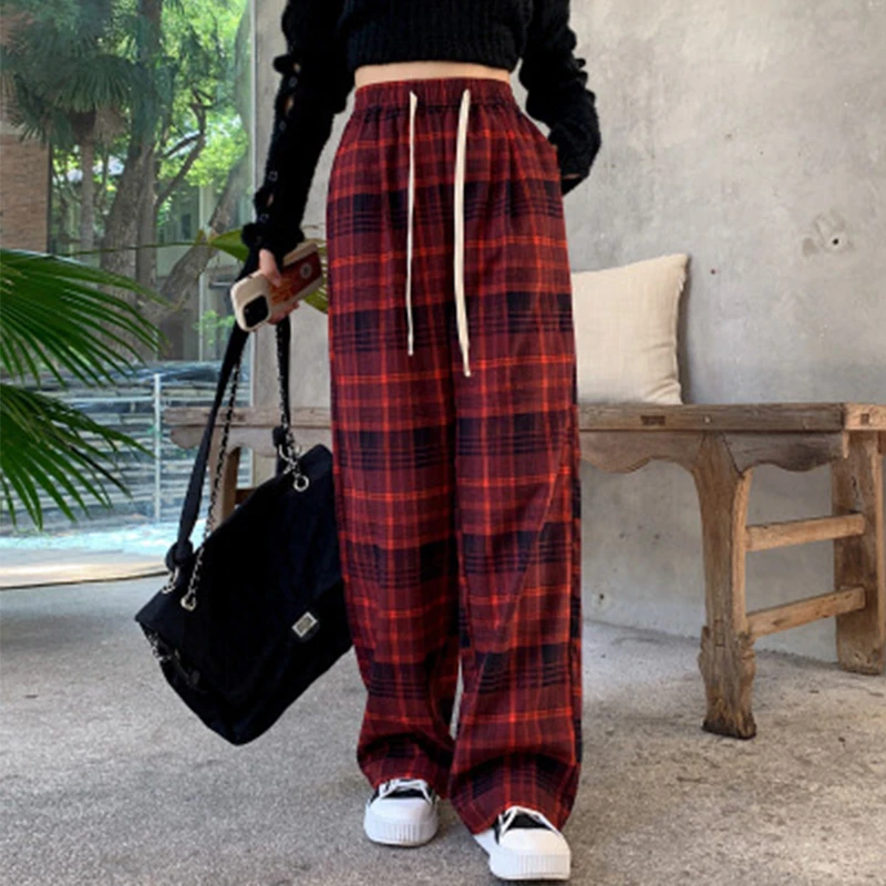复古慵懒风格子裤子女韩版高腰显瘦拖地裤直筒垂感阔腿裤3313