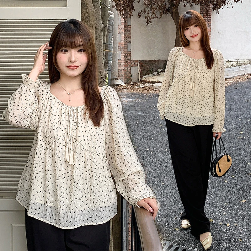 240斤胖mm炸街上衣大码女装雪纺宽松遮肚子长袖碎花抽绳衬衫3432