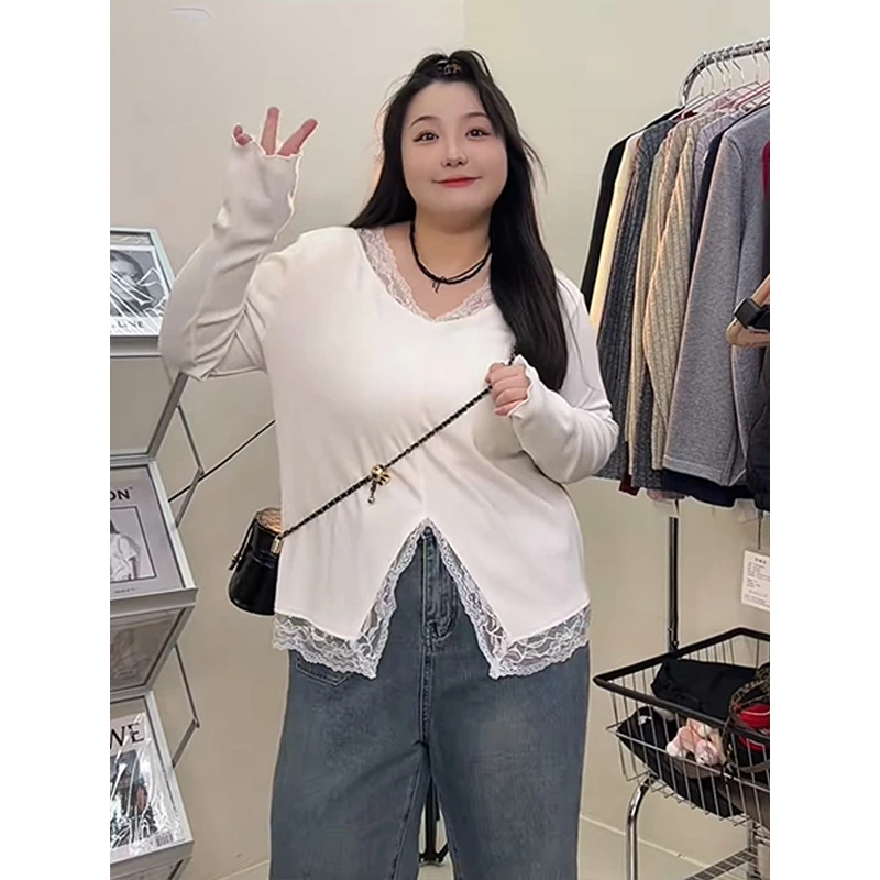 大码女200斤胖mm不规则下摆拼接蕾丝遮肉显瘦打底T恤V领上衣3467