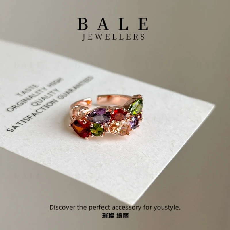 铜合金合成锆石戒指 T0413 气质轻奢时尚百搭复古小众彩色指环