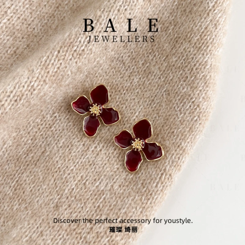 铜合金耳饰 E2682 气质轻奢时尚百搭红色法式小众简约