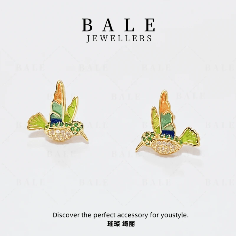 铜合金合成锆石耳饰 E3083 飞鸟气质时尚可爱百搭小众彩色甜美