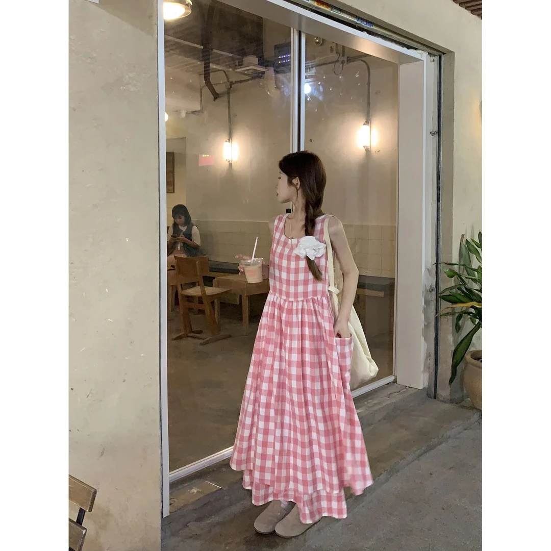 森系格纹无袖连衣裙女装夏季小个子甜美休闲拼接假两件宽松吊带裙