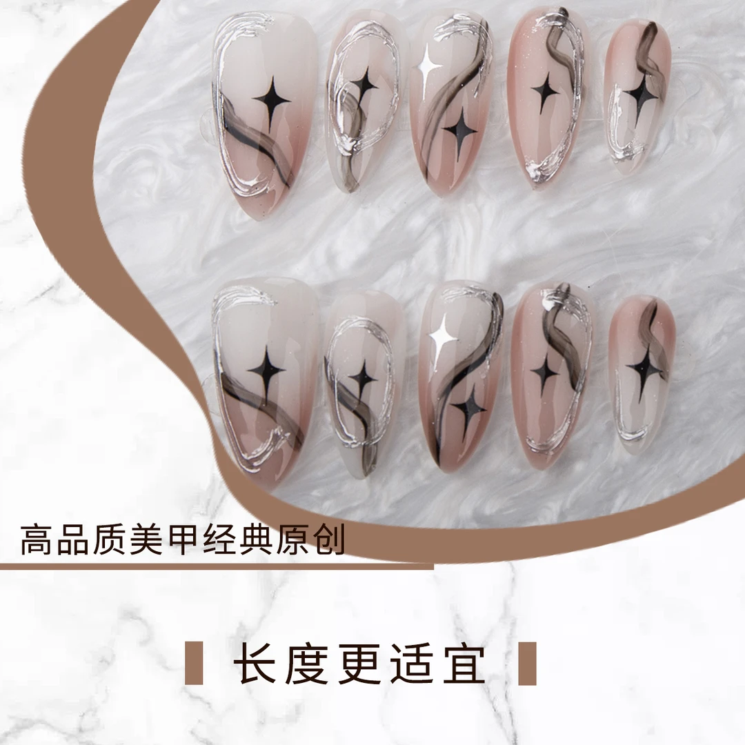 纯手工穿戴甲高级美甲工厂实拍杏仁甲手绘高端可拆卸美甲贴新款