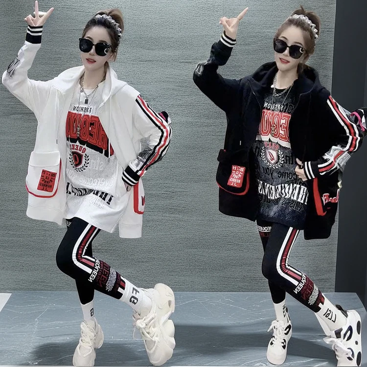 欧货2023秋新款休闲套装女个性时尚显瘦印花T恤中长款马甲三件套