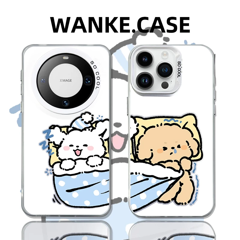 情侣小狗抢被子适用华为mate60pro+手机壳可爱苹果15小米vivo防摔