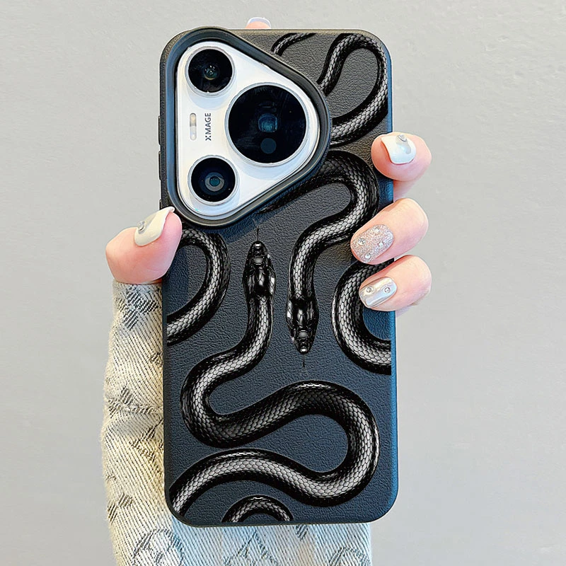 黑色蟒蛇适用华为pura70Pro手机壳高级感Mate60/50防摔皮纹保护套