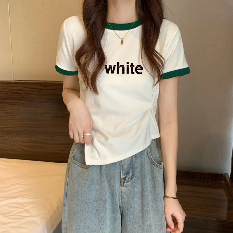 出游短袖不规则设计感修身别致显瘦百搭拼接撞色正肩短袖t恤