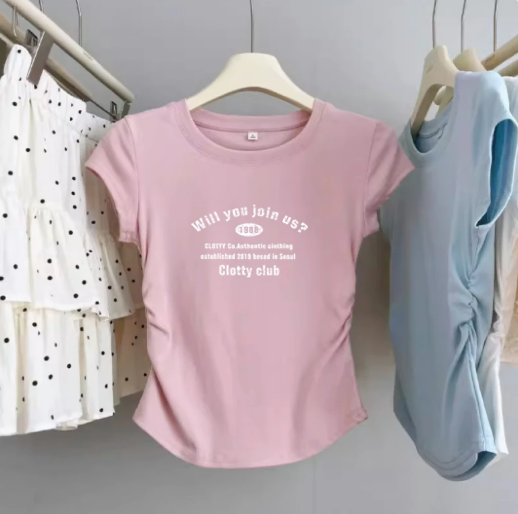 甜美减龄正肩设计感抽褶粉色短袖t恤女夏季新款修身显瘦韩系上衣