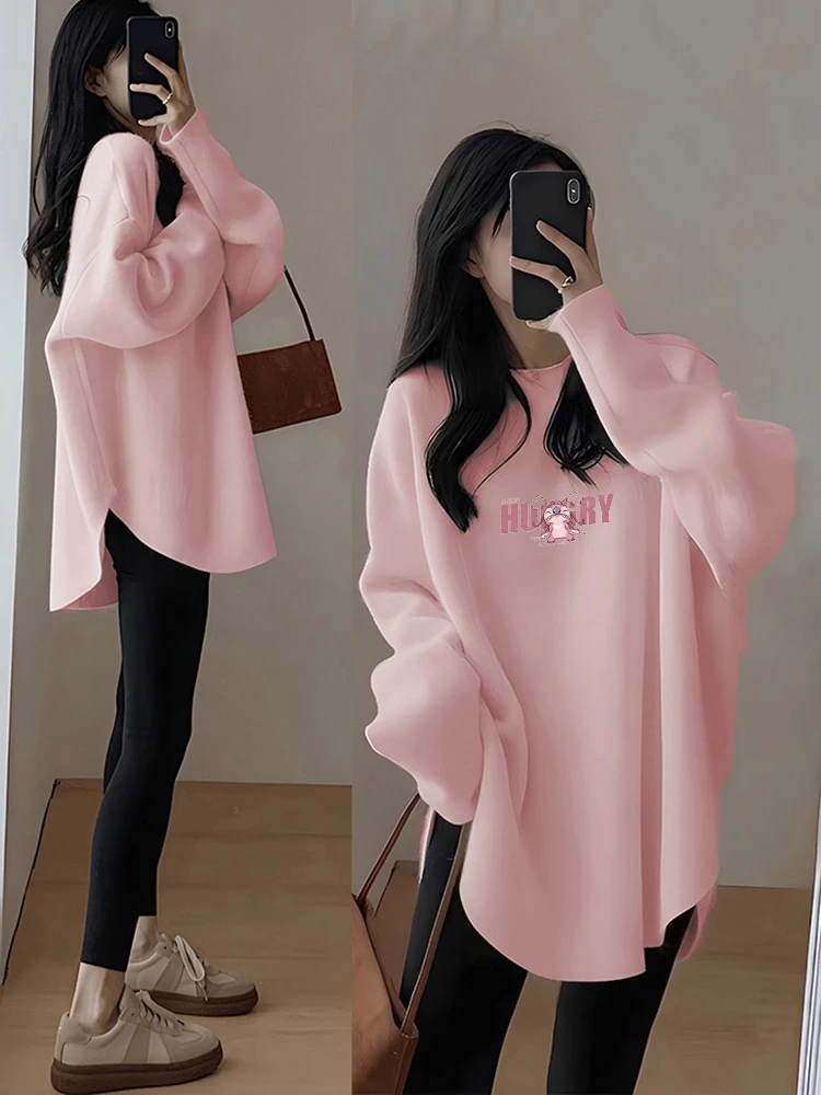 新年甜美减龄外穿内搭下摆弧形女t恤长袖红色上衣中长款洋气卫衣