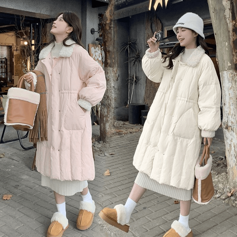 粉色羽绒棉服女中长款冬季2023新款设计感韩系甜美加厚面包服外套