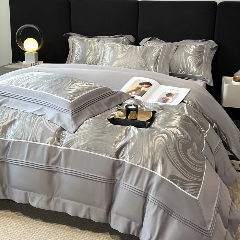 富安娜轻奢200支纯棉四件套贡缎提花被套全棉床单床笠床上面用品4