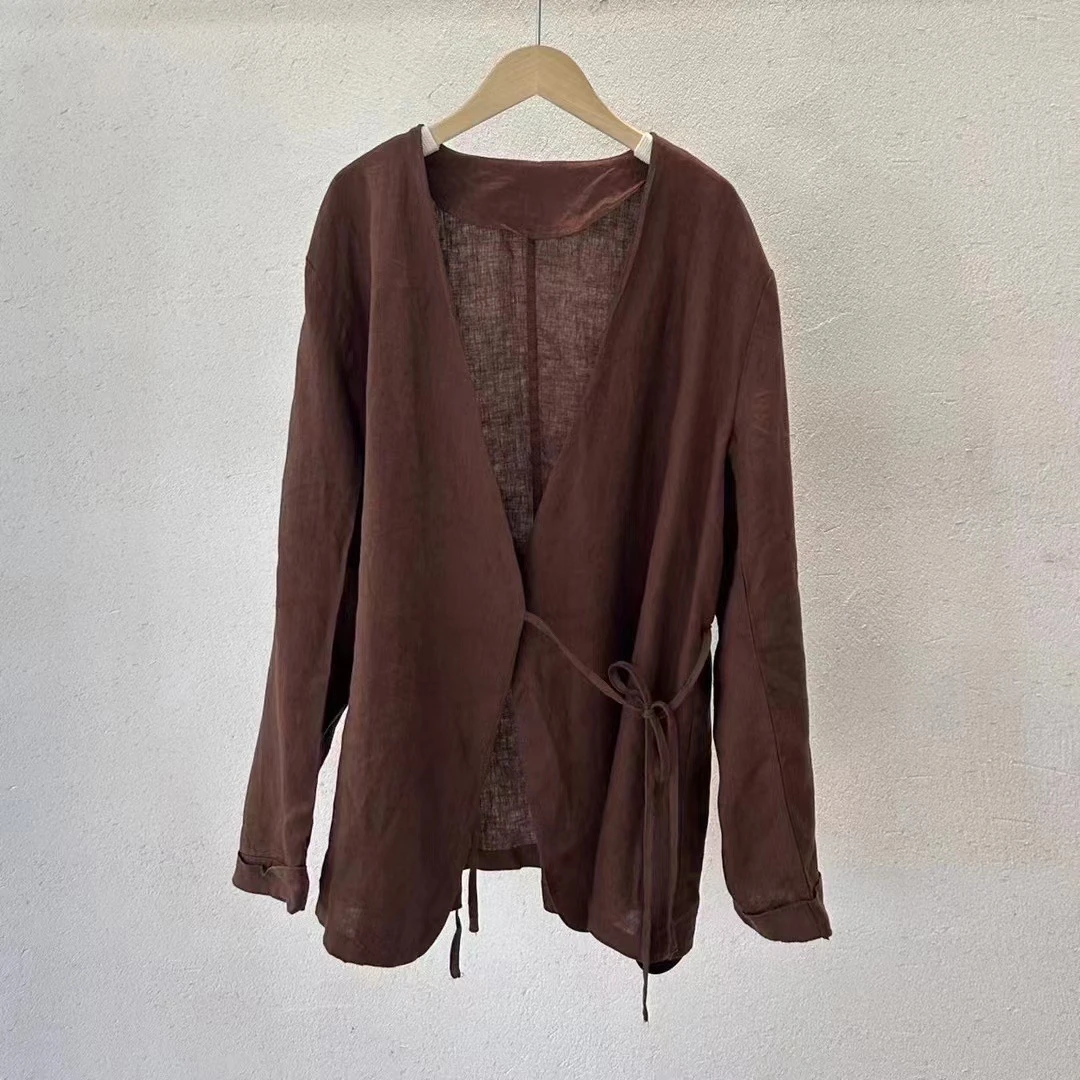 原创设计亚麻V领中长款高货小衫