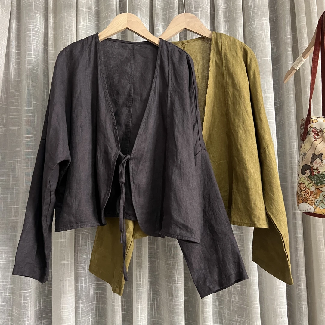 原创设计亚麻短款百搭系带短款开衫