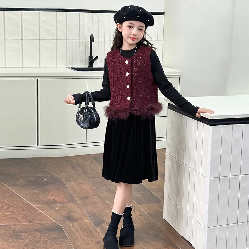 女童小香风连衣裙秋冬2025新款儿童富家千金感裙子小女孩马甲套装