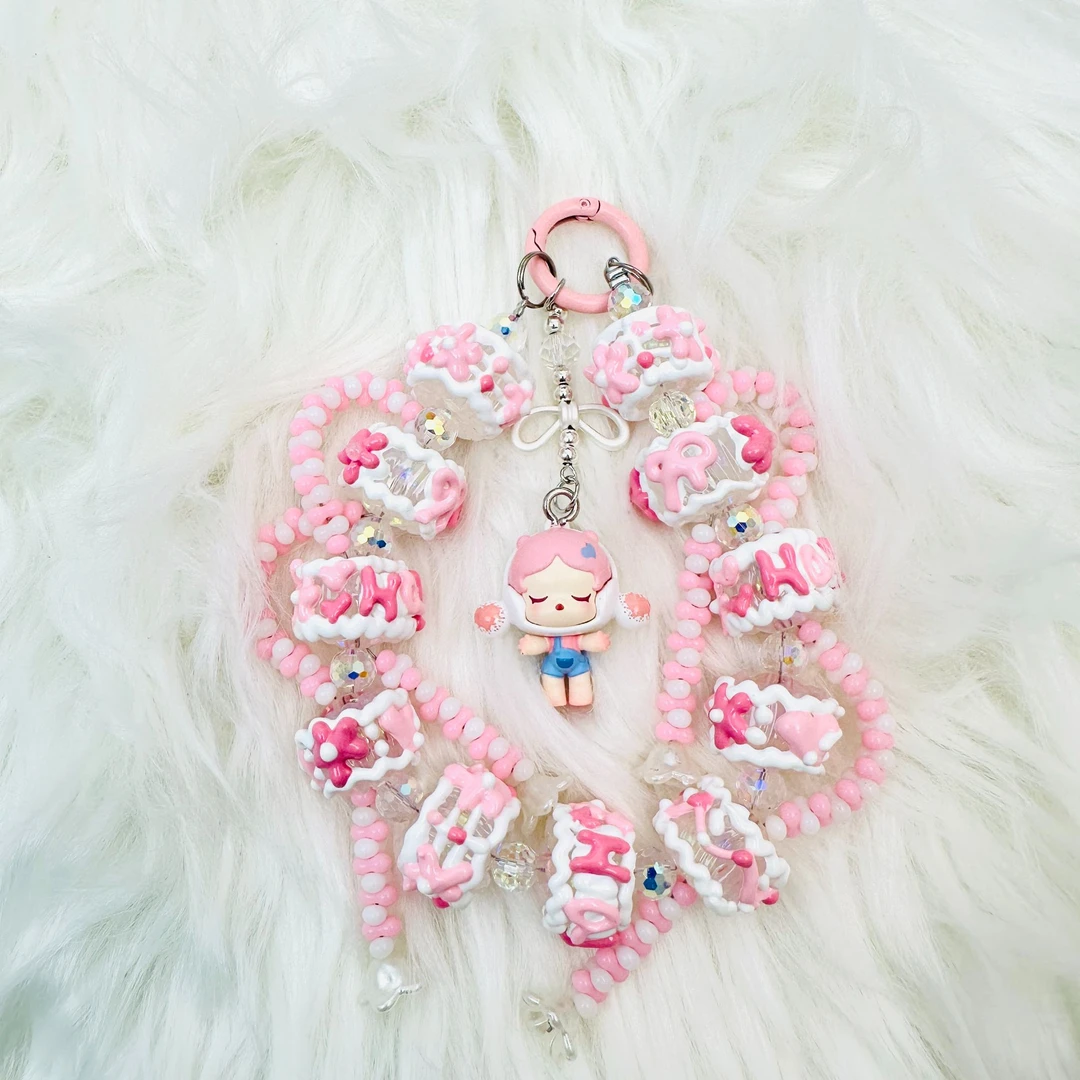 （现拆）萌粒手机链重工钥匙串diy厚油手绘珠包挂混端