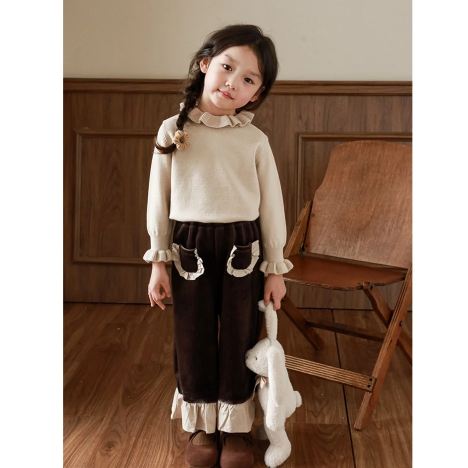 YOEHYAUL/幼悠儿童秋冬季复古直筒休闲裤女童脚口花边裤子 D3467