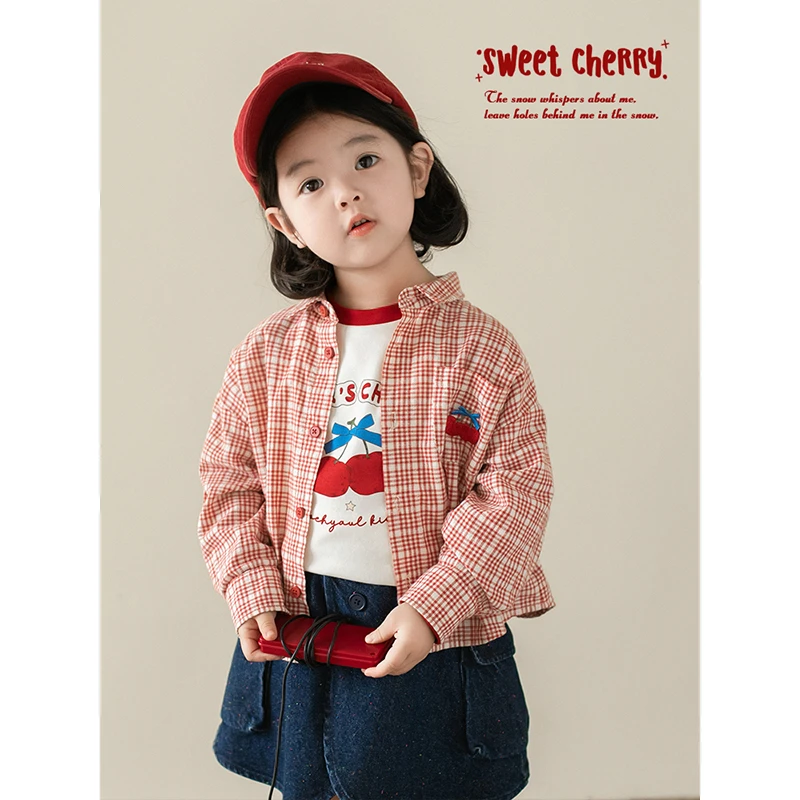 幼悠女童纯棉格子衬衫儿童可爱亲肤上衣洋气宝宝宽松外套潮WC0070