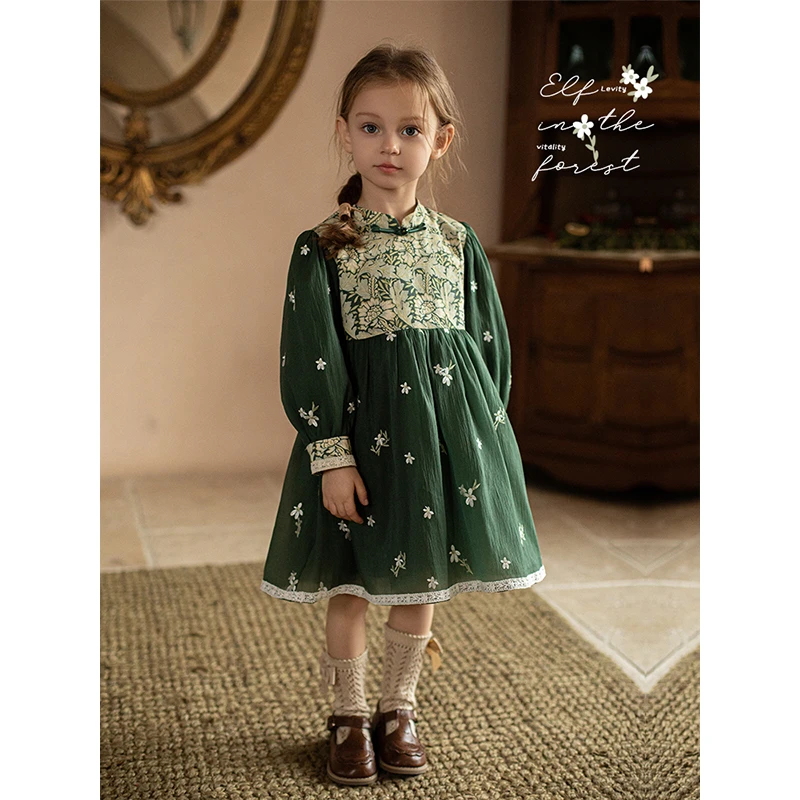 幼悠 春二波儿童百搭裙子女童中式蕾丝花边清新连衣裙 潮 HC0027