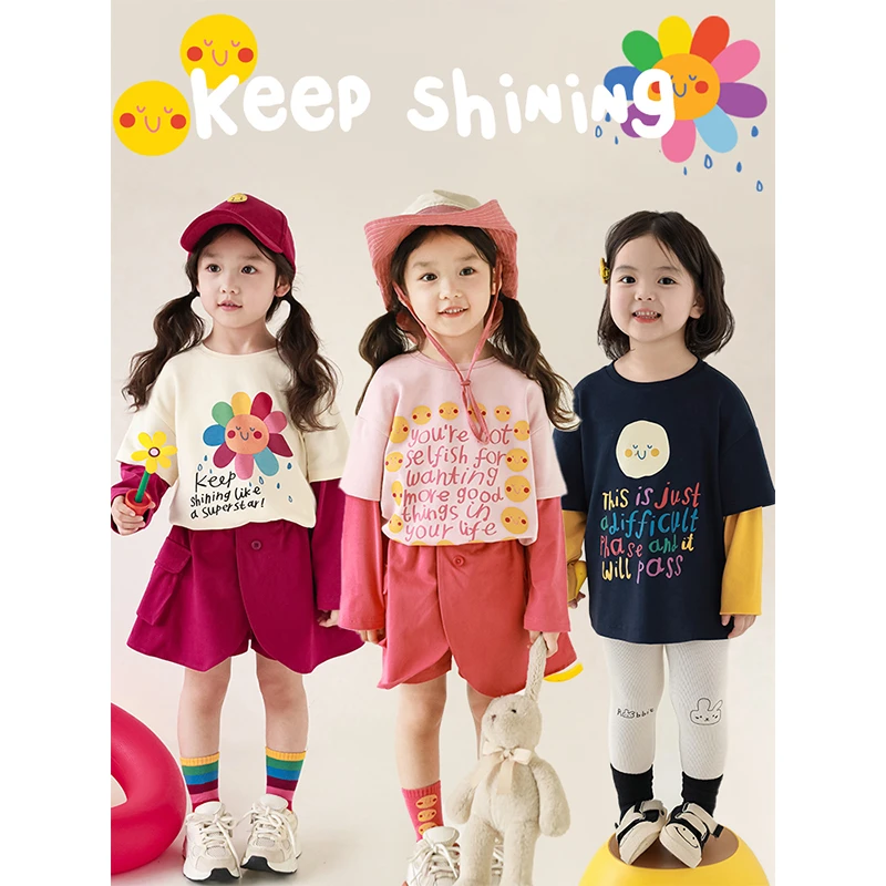 幼悠【搞怪笑脸】春二波儿童卡通印花T恤女童假两件打底衫 LC0101