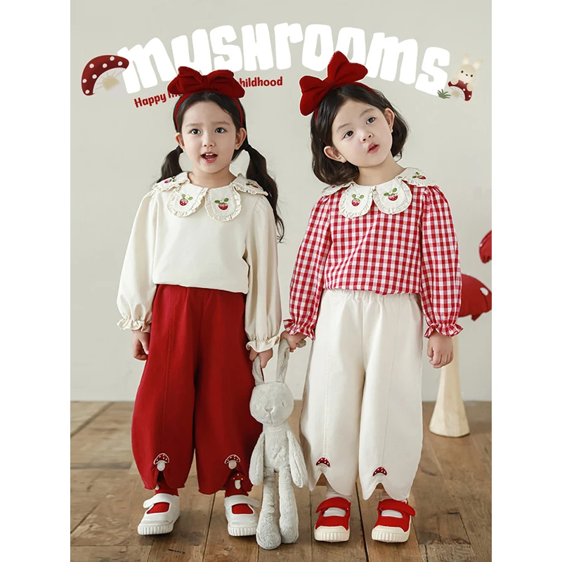 YOEHYAUL/幼悠幼悠女童秋三波小童女童翻领卡通时尚衬衫外套Q4095