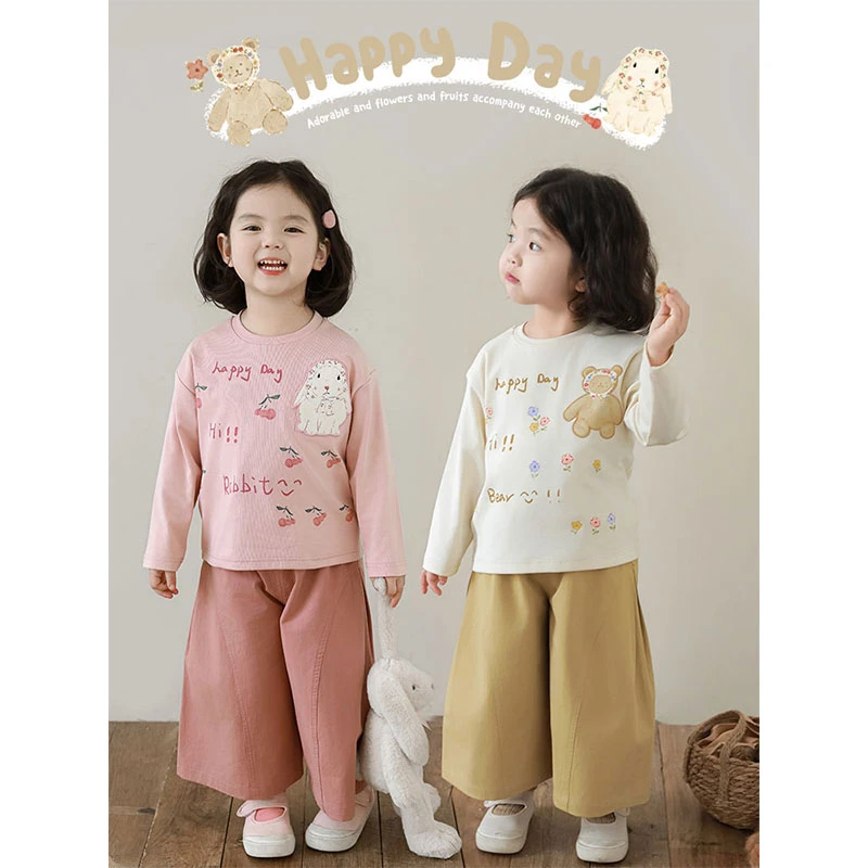 幼悠 春二波半 儿童春秋季时尚百搭上衣女童小熊印花T恤 WC0080