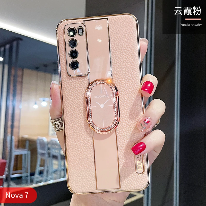 潮钻适用华为nova7手机壳nova7pro荔枝纹水钻支架7se超薄防摔女款
