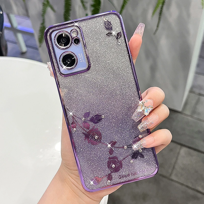 潮钻适用opporeno7手机壳网红闪粉reno7pro水钻玫瑰轻薄防摔女款