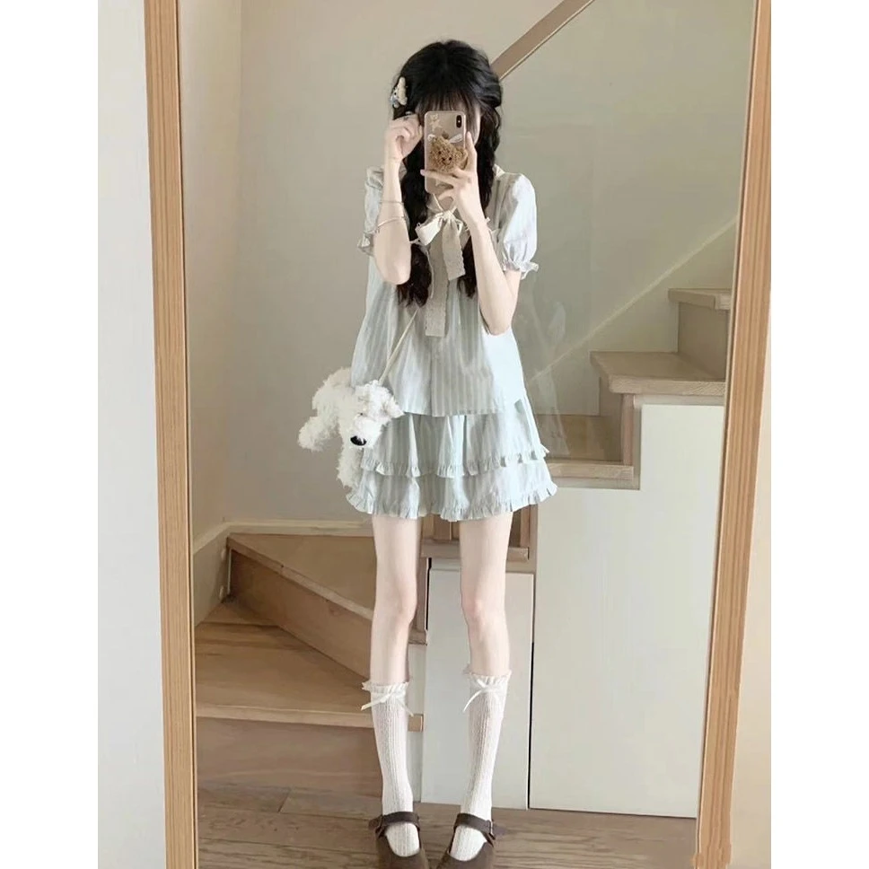 甜美减龄套装夏季蕾丝花边拼接学院条纹短袖衬衫半身裙新款两件套
