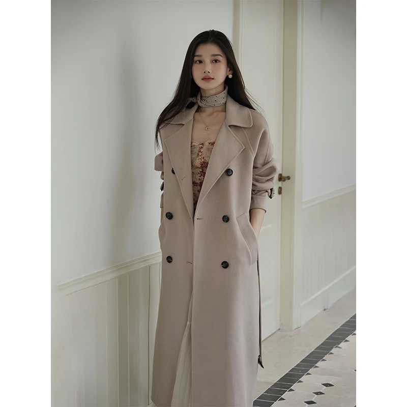 且可ChillCozy 曼哈顿 进口澳毛&桑蚕丝束腰双面呢大衣