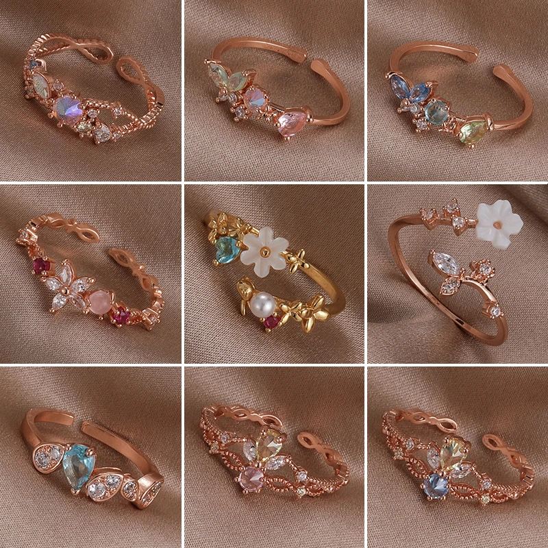 新款设计轻奢珠锆石戒指女小众ins风贝壳花朵指环开口食指戒指