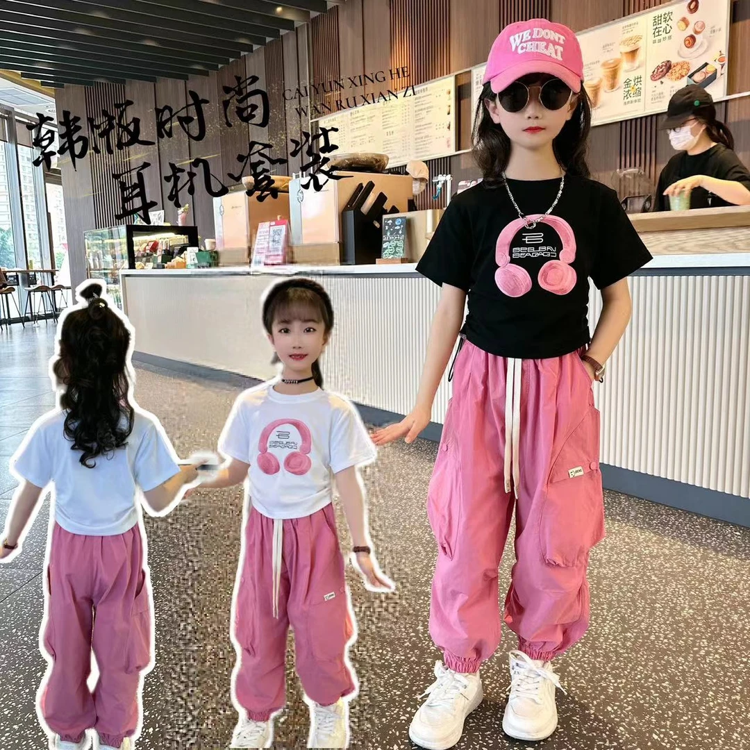 女童短袖套装夏季2024新款儿童韩版洋气大耳机短袖工装裤两件套