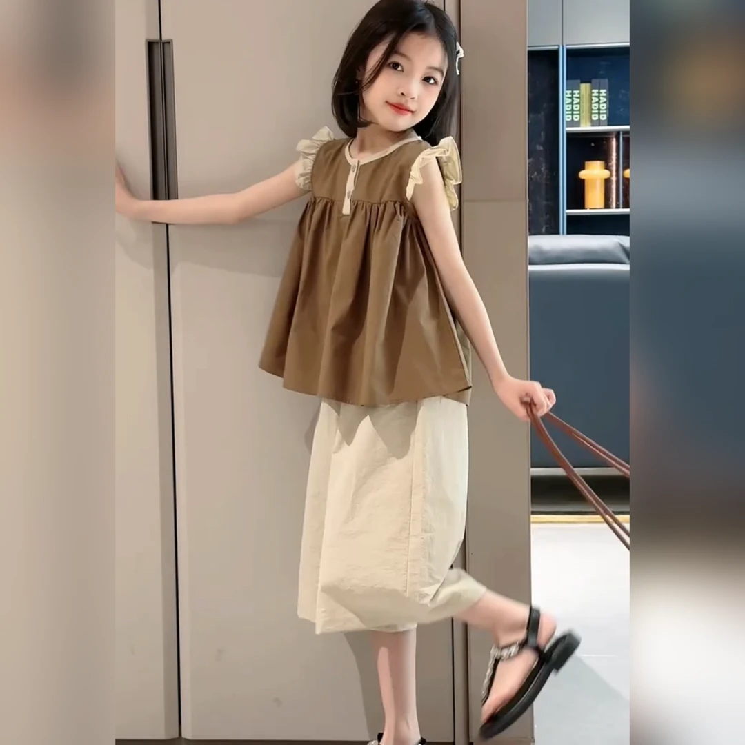 2024女童夏季休闲时尚法式飞袖棉布韩系高级感时髦洋气套装